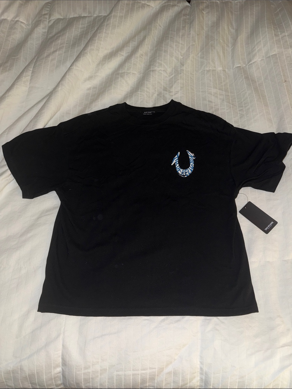 True Religion Black Oversized Tee with Blue Logo Horseshoe